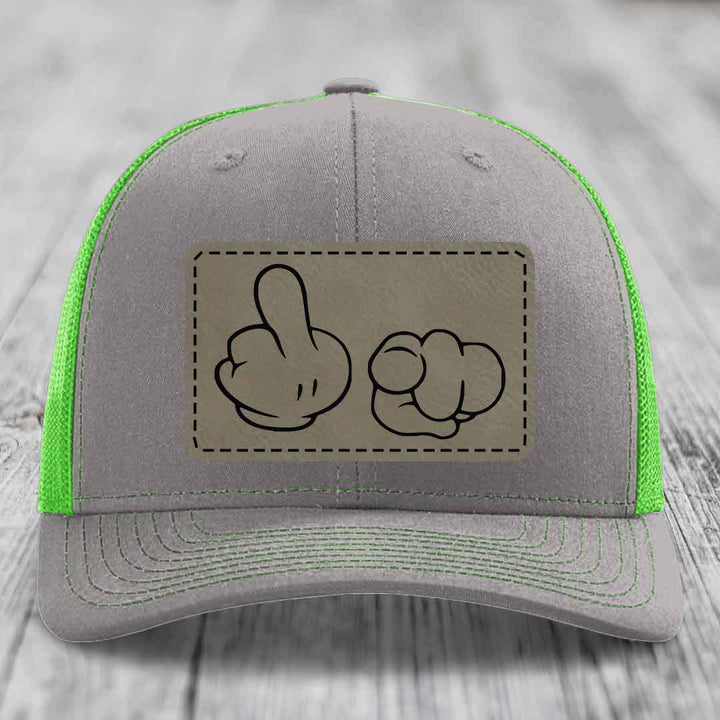 Cartoon Hands F*ck You - Leather Patch Hat - Light Brown to Black Patch - Richardson 112 Snapback Trucker Hat