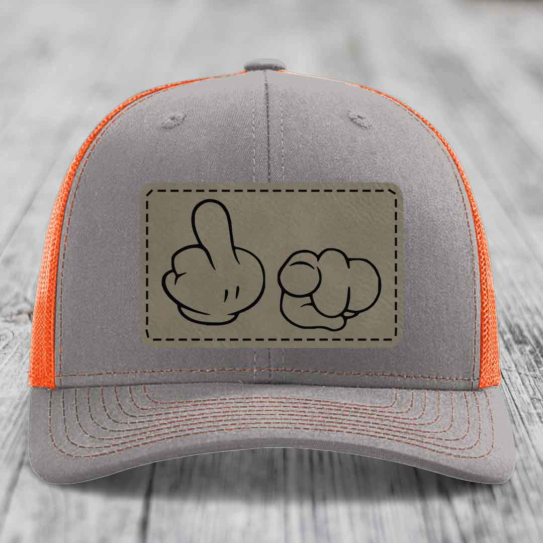 Cartoon Hands F*ck You - Leather Patch Hat - Light Brown to Black Patch - Richardson 112 Snapback Trucker Hat