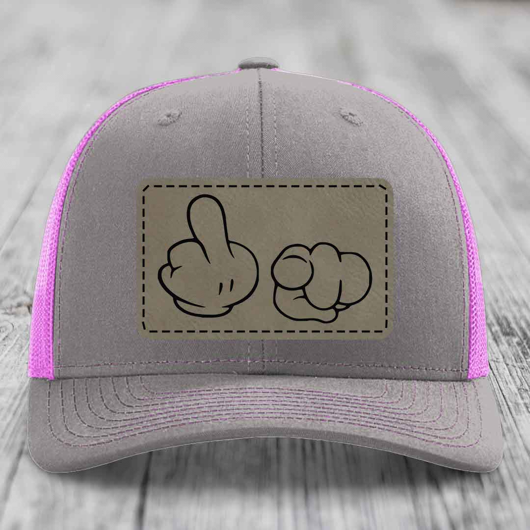 Cartoon Hands F*ck You - Leather Patch Hat - Light Brown to Black Patch - Richardson 112 Snapback Trucker Hat