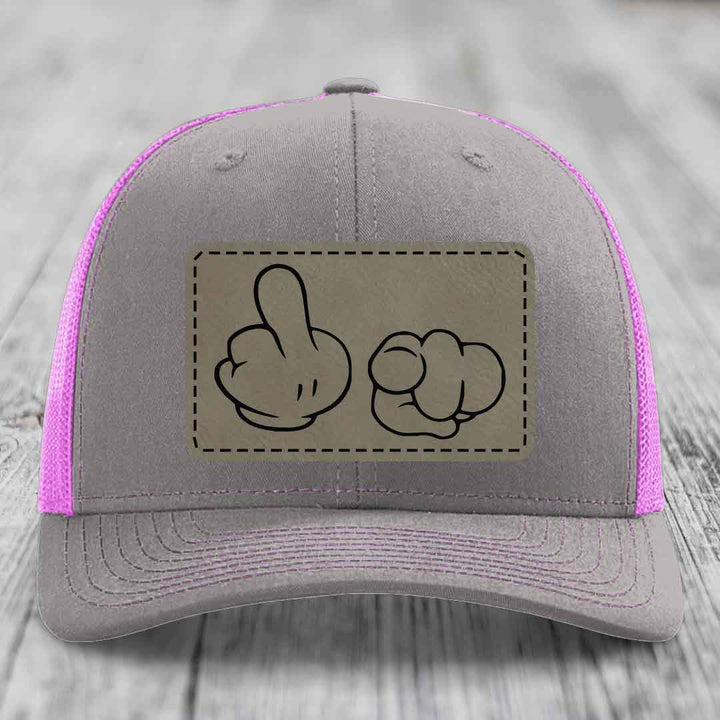 Cartoon Hands F*ck You - Leather Patch Hat - Light Brown to Black Patch - Richardson 112 Snapback Trucker Hat
