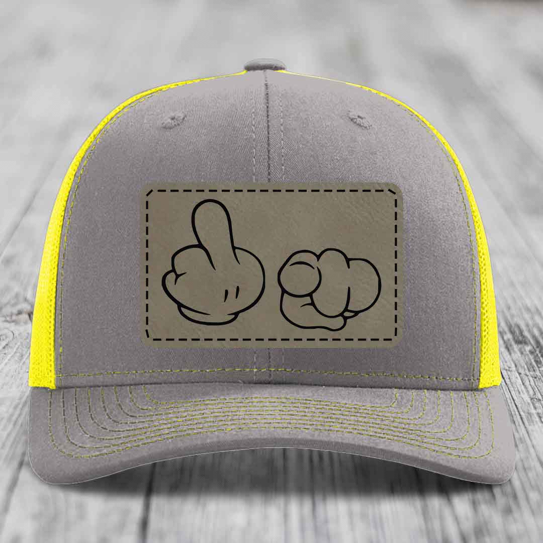 Cartoon Hands F*ck You - Leather Patch Hat - Light Brown to Black Patch - Richardson 112 Snapback Trucker Hat