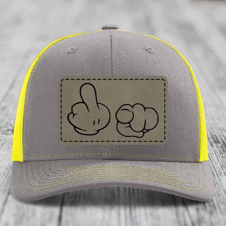 Cartoon Hands F*ck You - Leather Patch Hat - Light Brown to Black Patch - Richardson 112 Snapback Trucker Hat