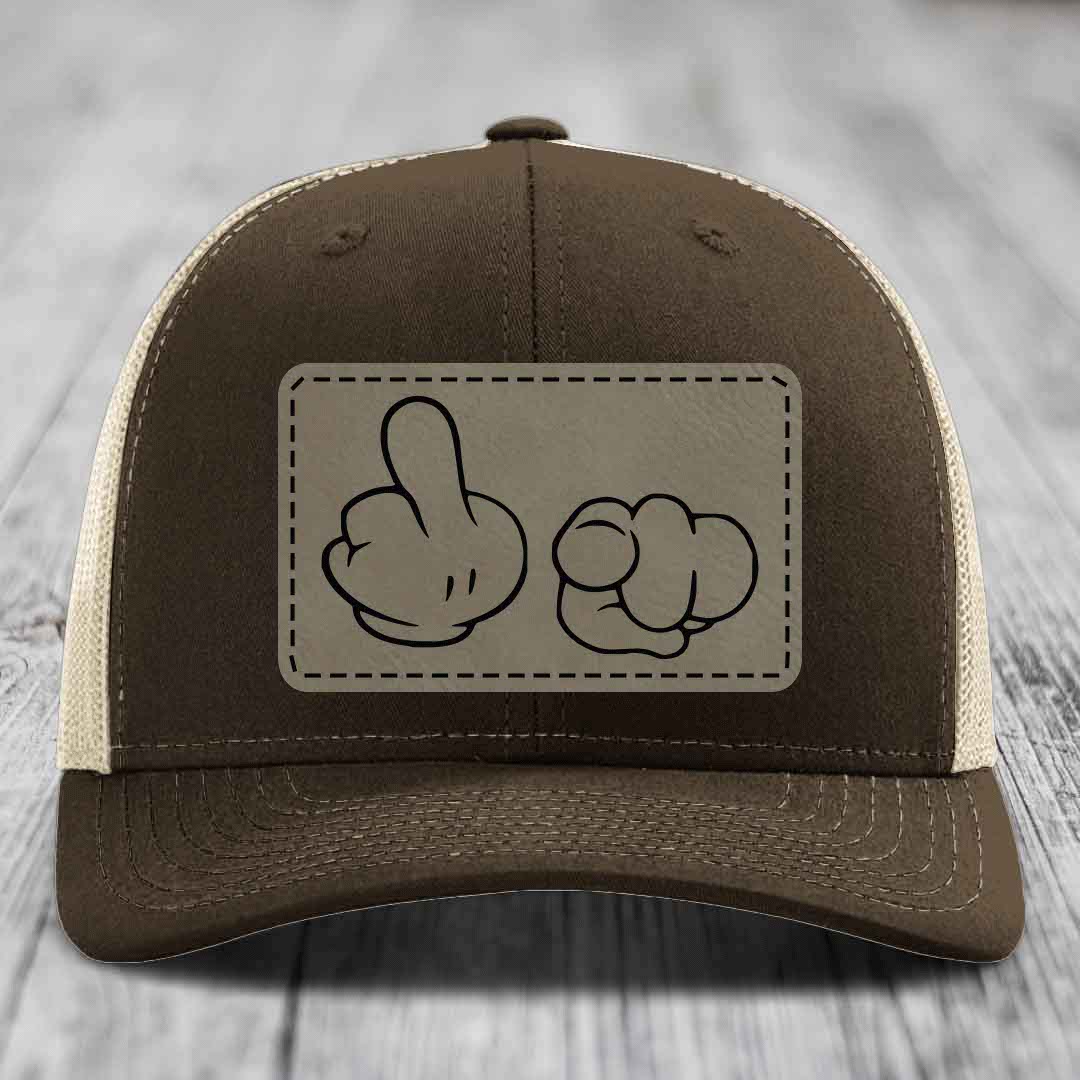 Cartoon Hands F*ck You - Leather Patch Hat - Light Brown to Black Patch - Richardson 112 Snapback Trucker Hat