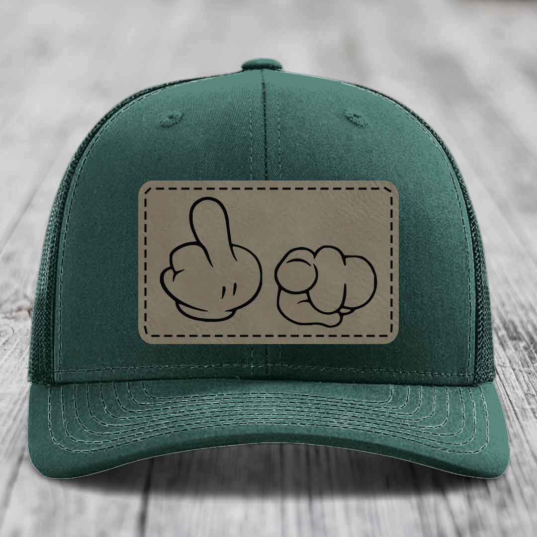 Cartoon Hands F*ck You - Leather Patch Hat - Light Brown to Black Patch - Richardson 112 Snapback Trucker Hat