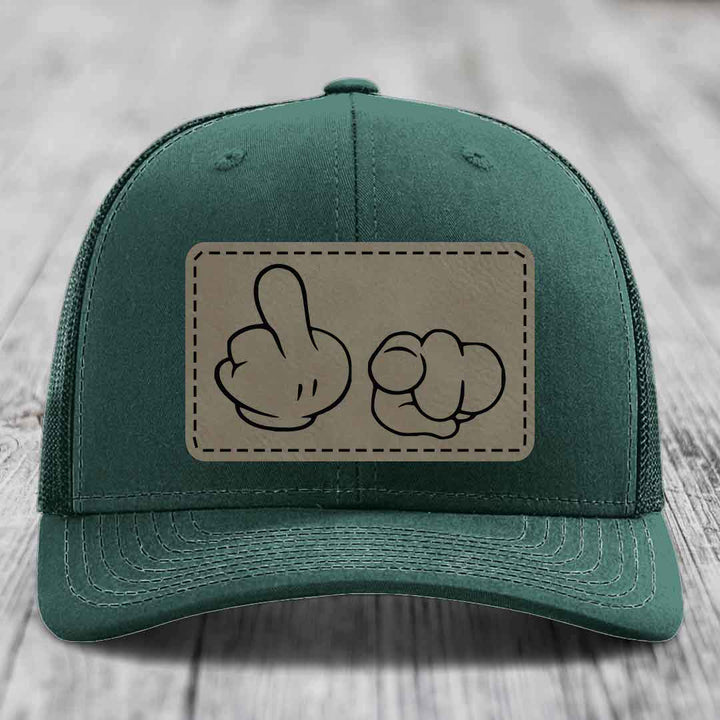 Cartoon Hands F*ck You - Leather Patch Hat - Light Brown to Black Patch - Richardson 112 Snapback Trucker Hat