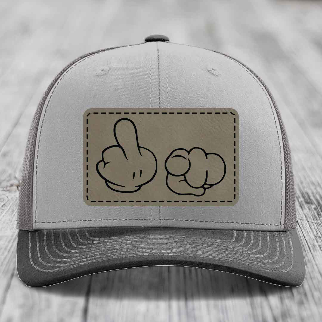Cartoon Hands F*ck You - Leather Patch Hat - Light Brown to Black Patch - Richardson 112 Snapback Trucker Hat