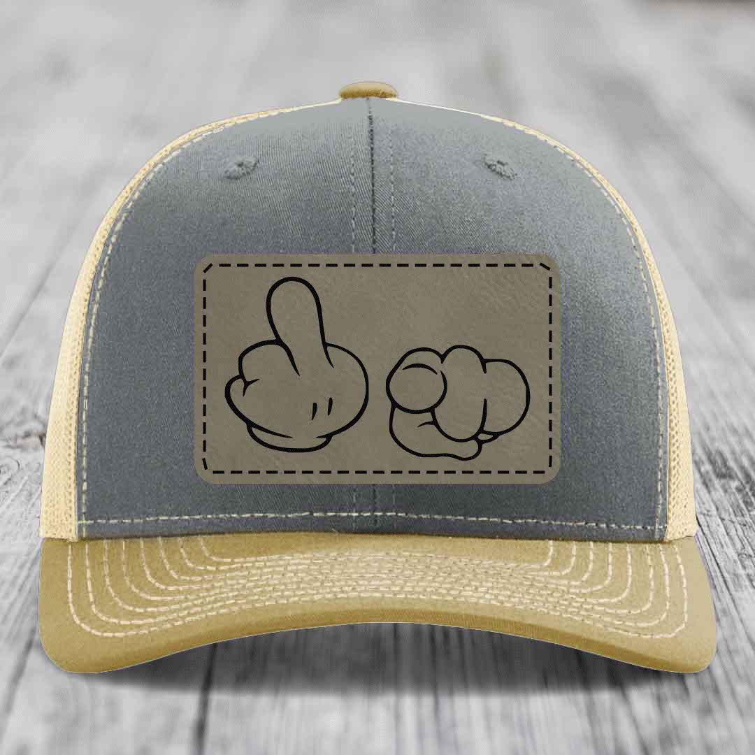 Cartoon Hands F*ck You - Leather Patch Hat - Light Brown to Black Patch - Richardson 112 Snapback Trucker Hat