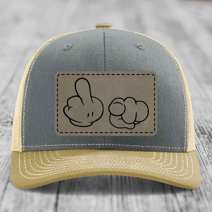 Cartoon Hands F*ck You - Leather Patch Hat - Light Brown to Black Patch - Richardson 112 Snapback Trucker Hat