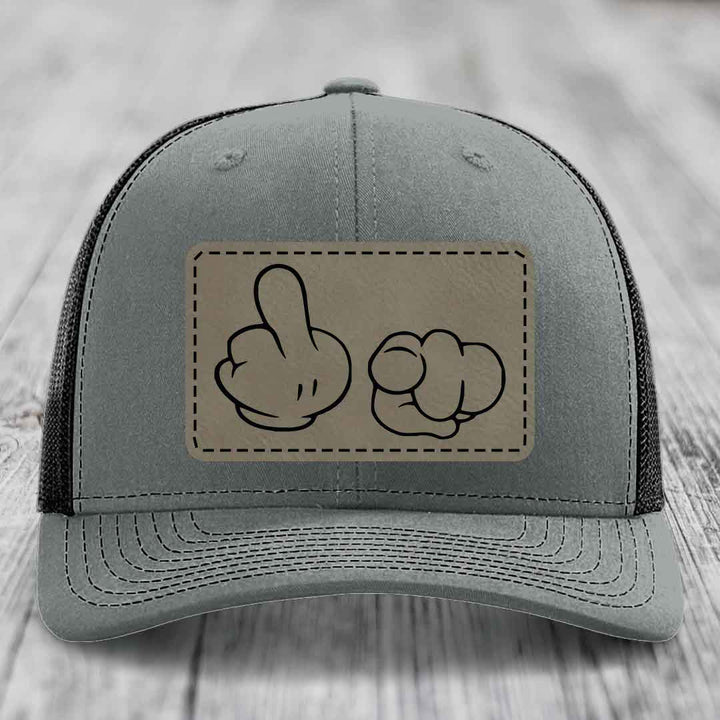 Cartoon Hands F*ck You - Leather Patch Hat - Light Brown to Black Patch - Richardson 112 Snapback Trucker Hat