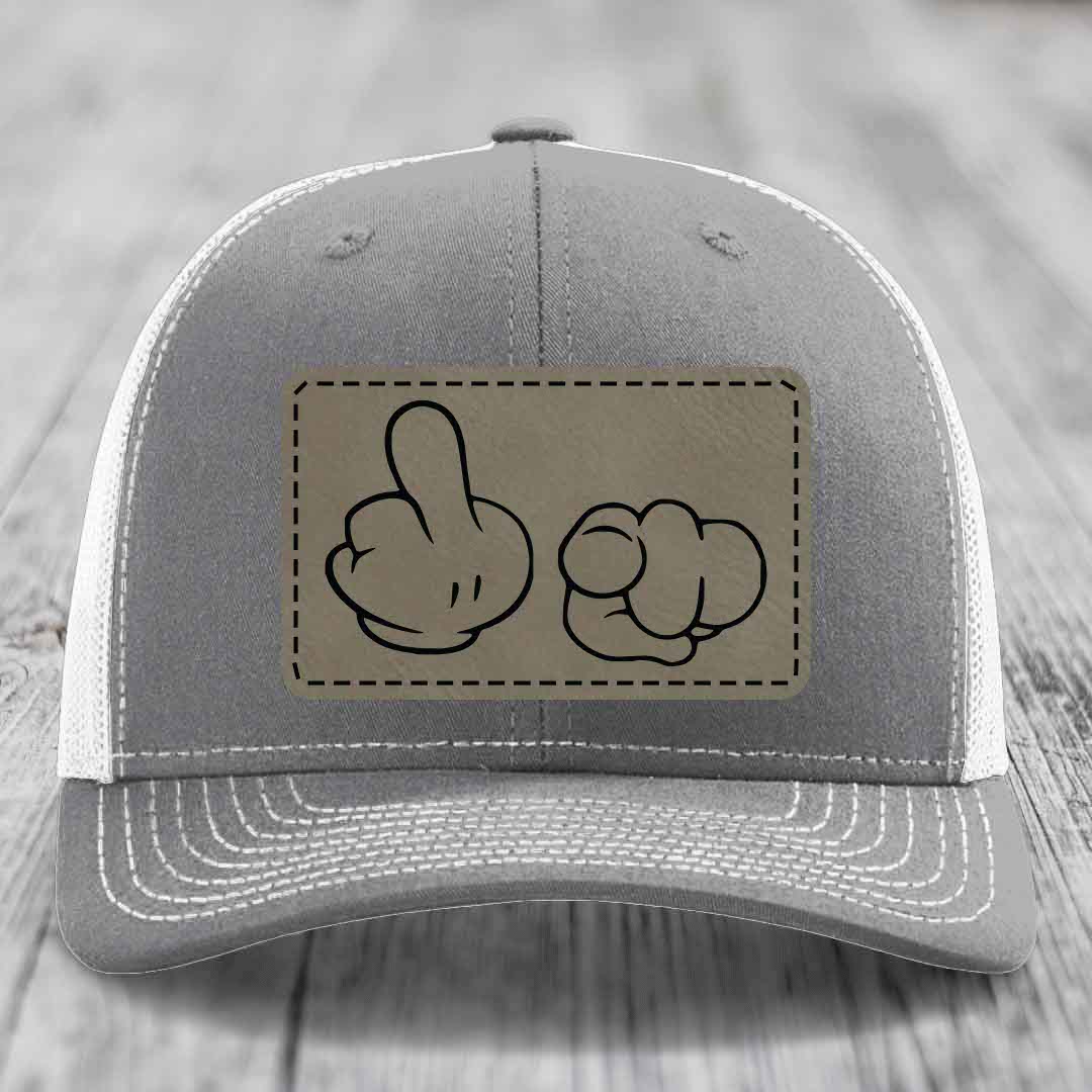 Cartoon Hands F*ck You - Leather Patch Hat - Light Brown to Black Patch - Richardson 112 Snapback Trucker Hat