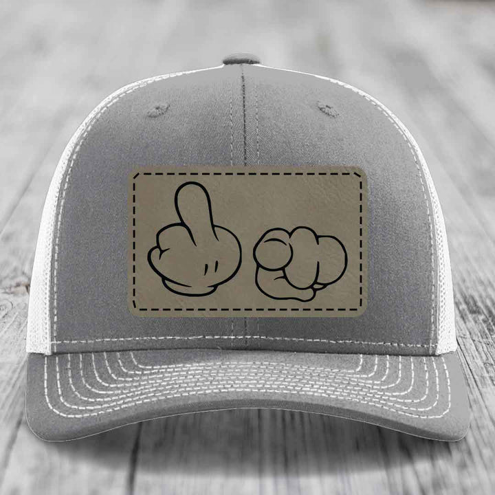 Cartoon Hands F*ck You - Leather Patch Hat - Light Brown to Black Patch - Richardson 112 Snapback Trucker Hat
