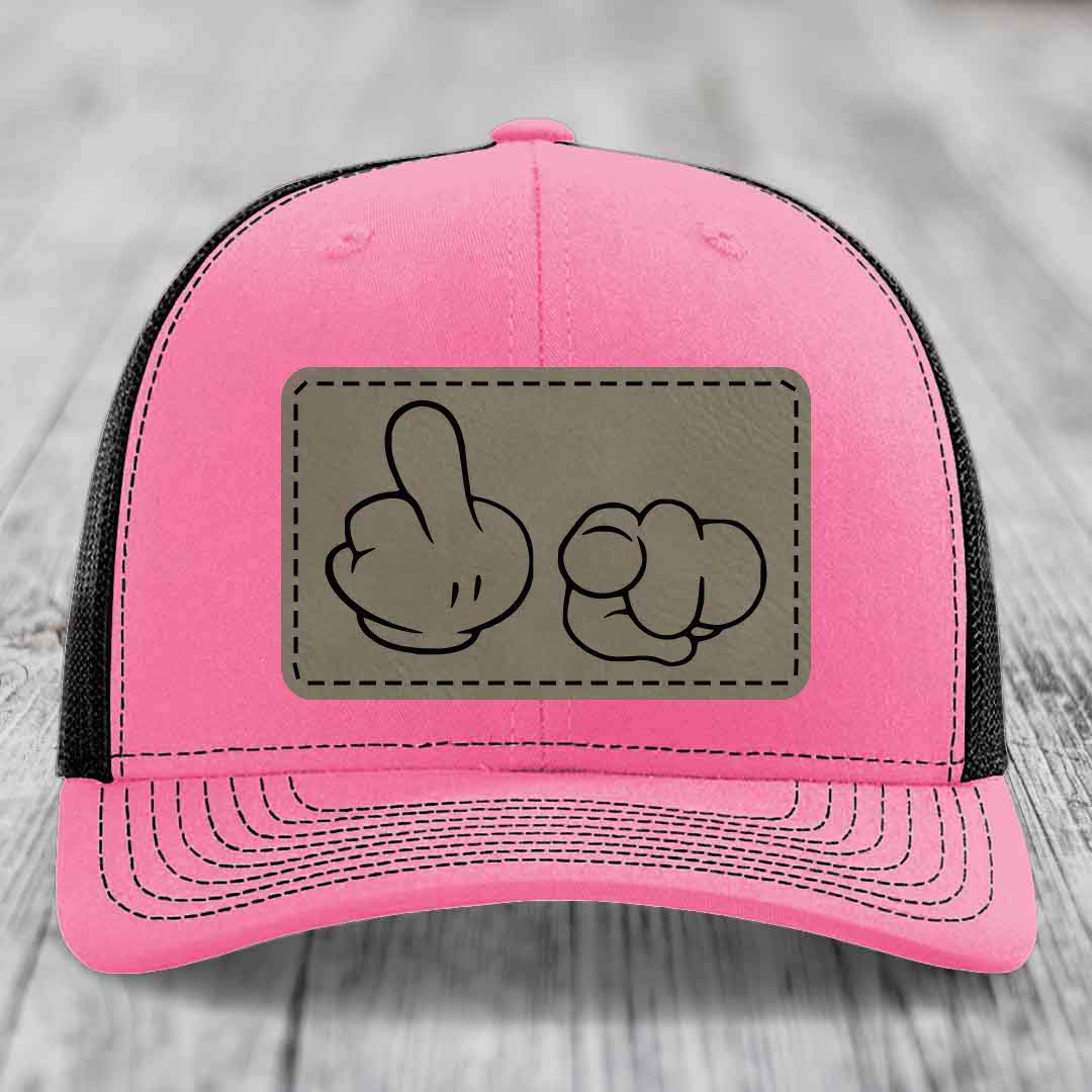 Cartoon Hands F*ck You - Leather Patch Hat - Light Brown to Black Patch - Richardson 112 Snapback Trucker Hat