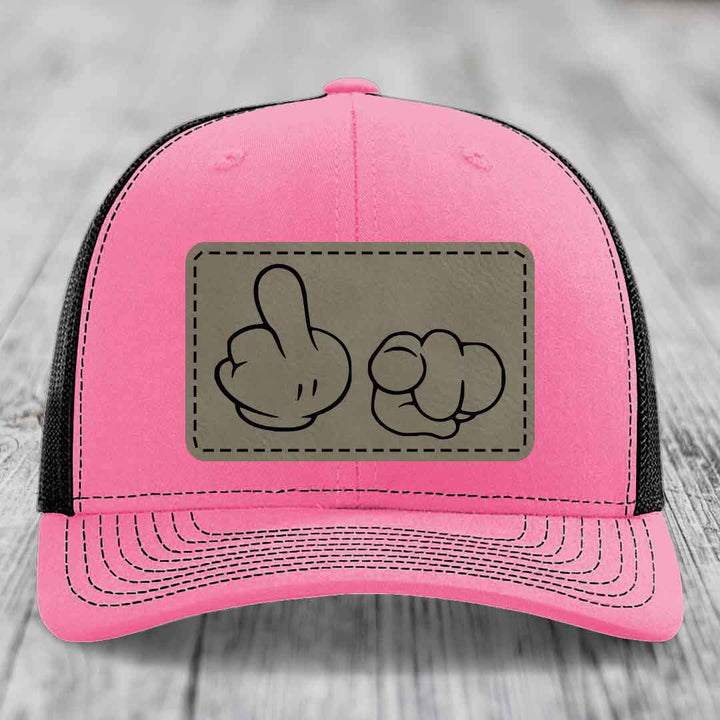 Cartoon Hands F*ck You - Leather Patch Hat - Light Brown to Black Patch - Richardson 112 Snapback Trucker Hat