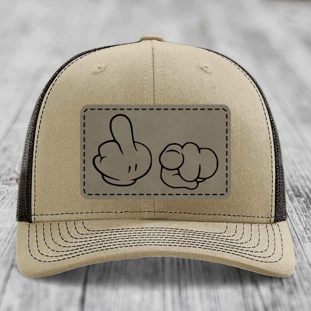 Cartoon Hands F*ck You - Leather Patch Hat - Light Brown to Black Patch - Richardson 112 Snapback Trucker Hat