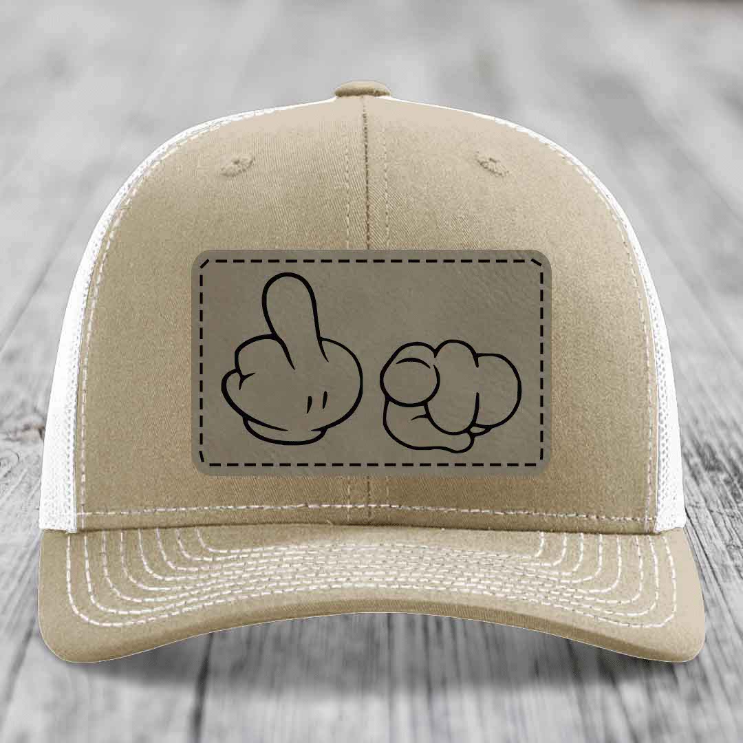 Cartoon Hands F*ck You - Leather Patch Hat - Light Brown to Black Patch - Richardson 112 Snapback Trucker Hat