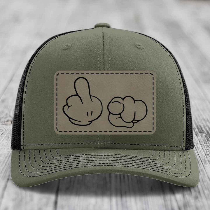 Cartoon Hands F*ck You - Leather Patch Hat - Light Brown to Black Patch - Richardson 112 Snapback Trucker Hat