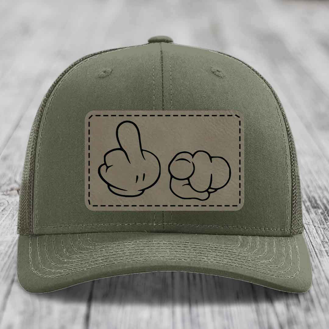 Cartoon Hands F*ck You - Leather Patch Hat - Light Brown to Black Patch - Richardson 112 Snapback Trucker Hat