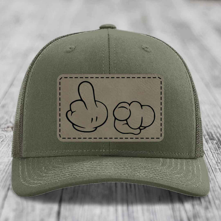 Cartoon Hands F*ck You - Leather Patch Hat - Light Brown to Black Patch - Richardson 112 Snapback Trucker Hat