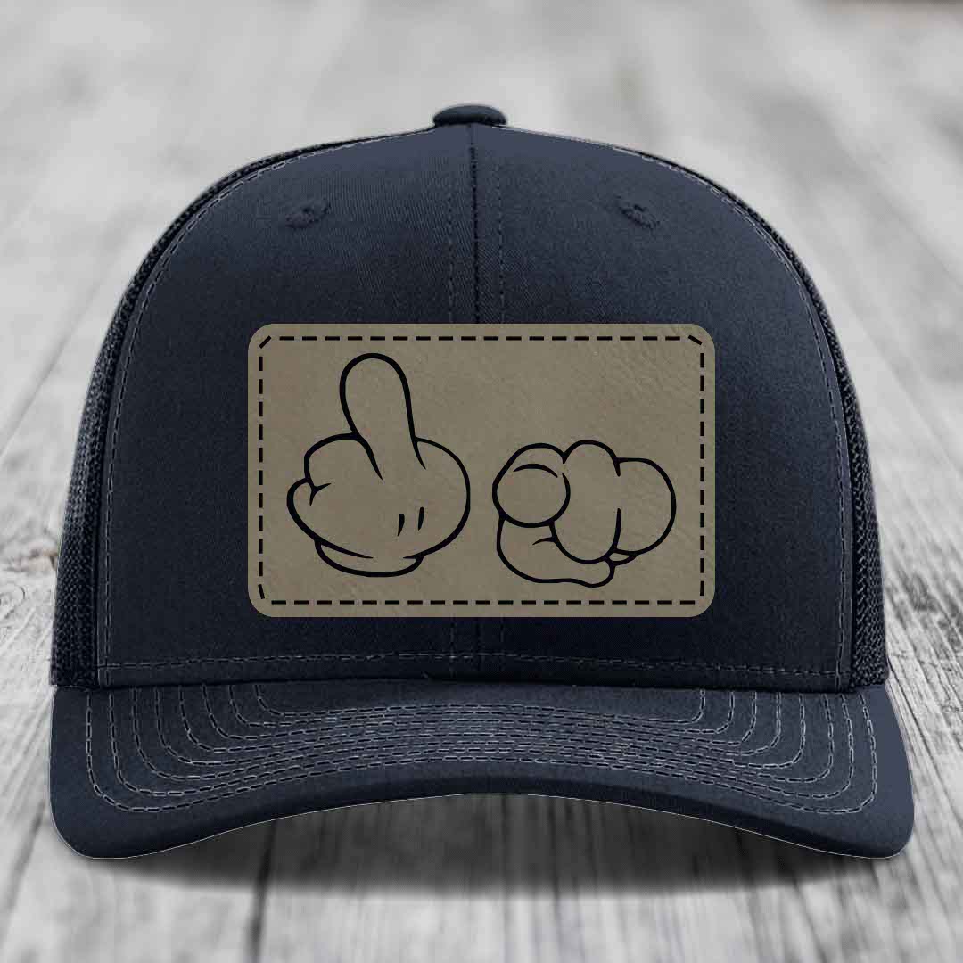 Cartoon Hands F*ck You - Leather Patch Hat - Light Brown to Black Patch - Richardson 112 Snapback Trucker Hat