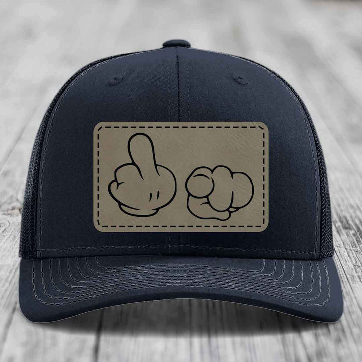Cartoon Hands F*ck You - Leather Patch Hat - Light Brown to Black Patch - Richardson 112 Snapback Trucker Hat