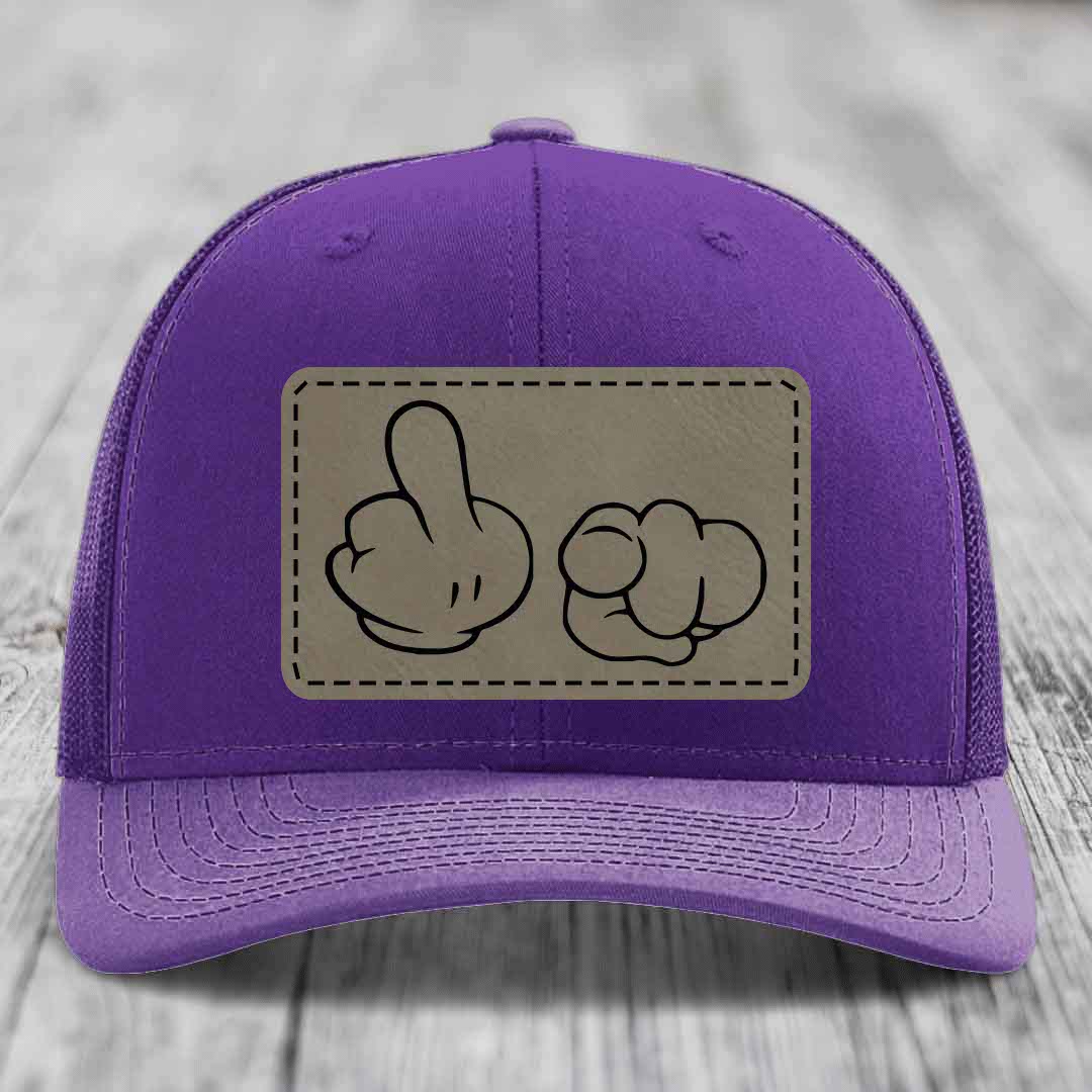 Cartoon Hands F*ck You - Leather Patch Hat - Light Brown to Black Patch - Richardson 112 Snapback Trucker Hat