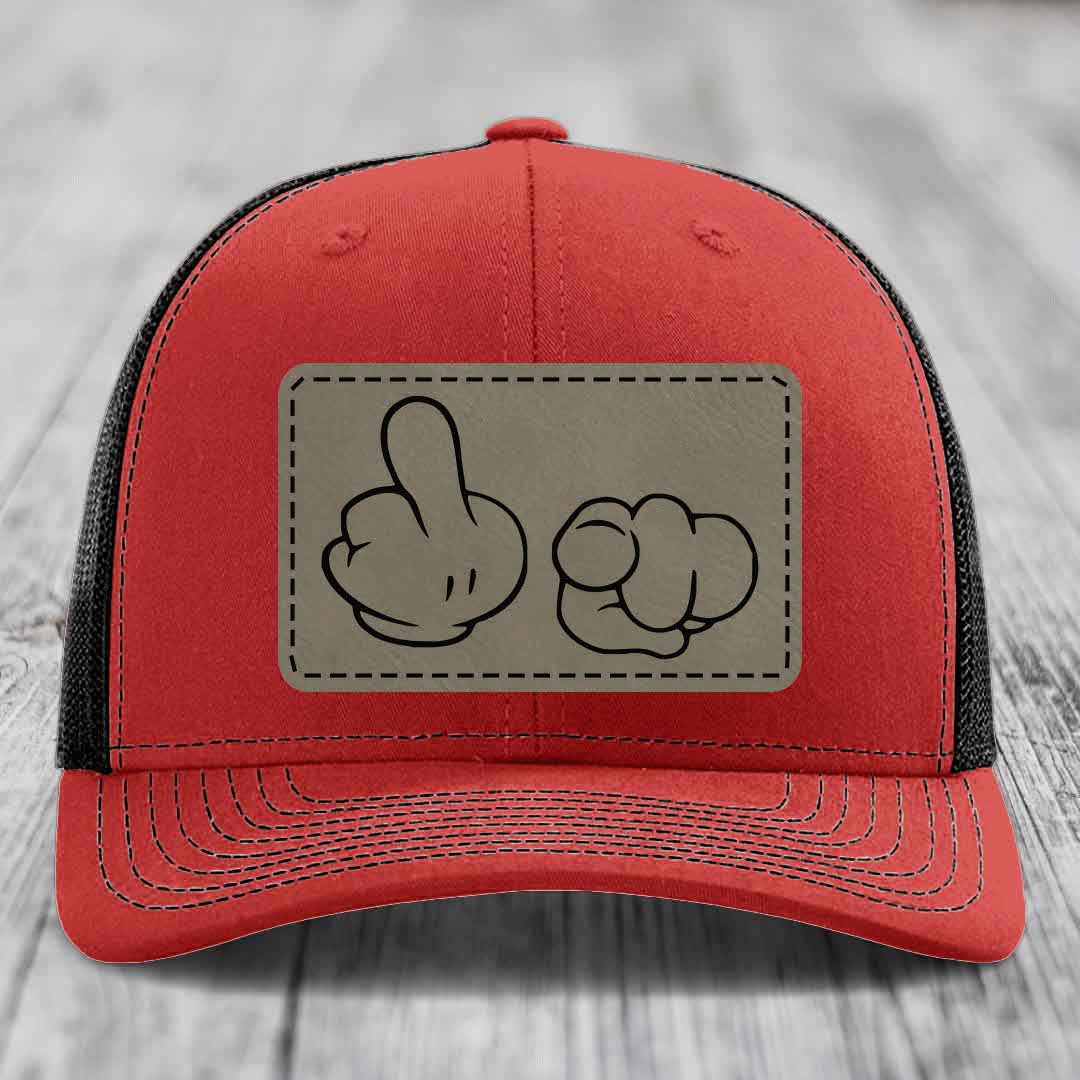 Cartoon Hands F*ck You - Leather Patch Hat - Light Brown to Black Patch - Richardson 112 Snapback Trucker Hat