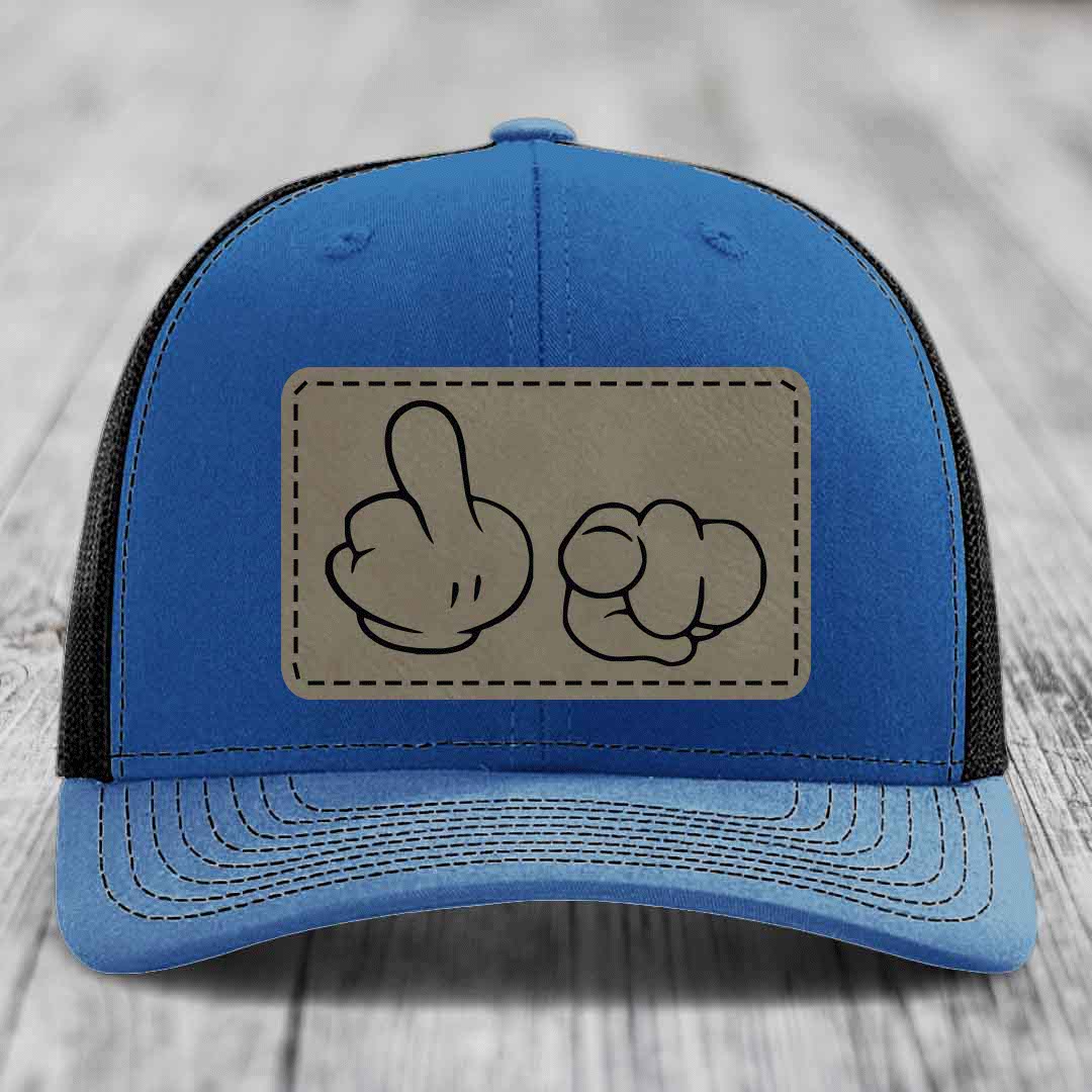 Cartoon Hands F*ck You - Leather Patch Hat - Light Brown to Black Patch - Richardson 112 Snapback Trucker Hat
