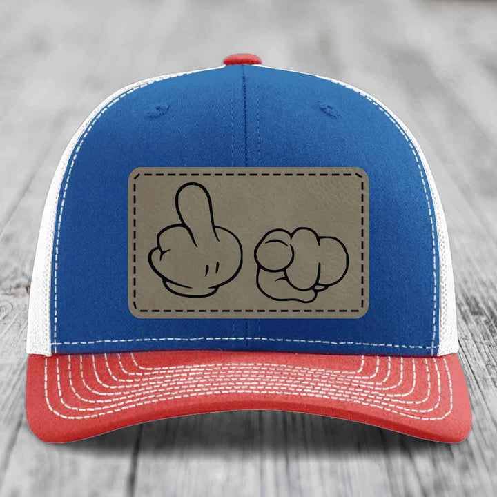 Cartoon Hands F*ck You - Leather Patch Hat - Light Brown to Black Patch - Richardson 112 Snapback Trucker Hat