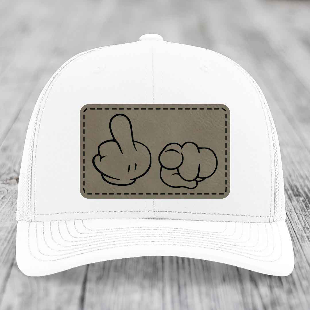 Cartoon Hands F*ck You - Leather Patch Hat - Light Brown to Black Patch - Richardson 112 Snapback Trucker Hat