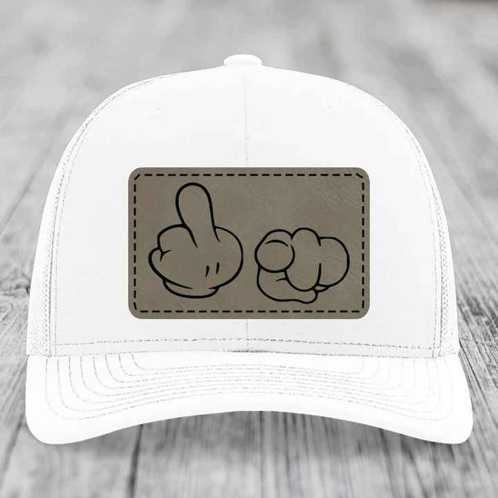 Cartoon Hands F*ck You - Leather Patch Hat - Light Brown to Black Patch - Richardson 112 Snapback Trucker Hat