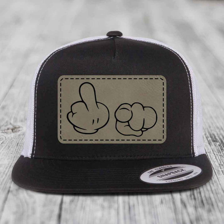 Cartoon Hands F*ck You - Leather Patch Hat - Light Brown to Black Patch - Yupoong 6006 Snapback Flatbill Hat
