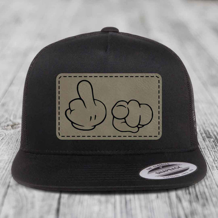 Cartoon Hands F*ck You - Leather Patch Hat - Light Brown to Black Patch - Yupoong 6006 Snapback Flatbill Hat