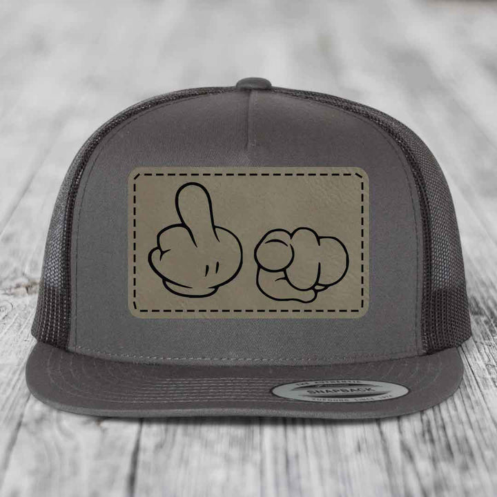 Cartoon Hands F*ck You - Leather Patch Hat - Light Brown to Black Patch - Yupoong 6006 Snapback Flatbill Hat