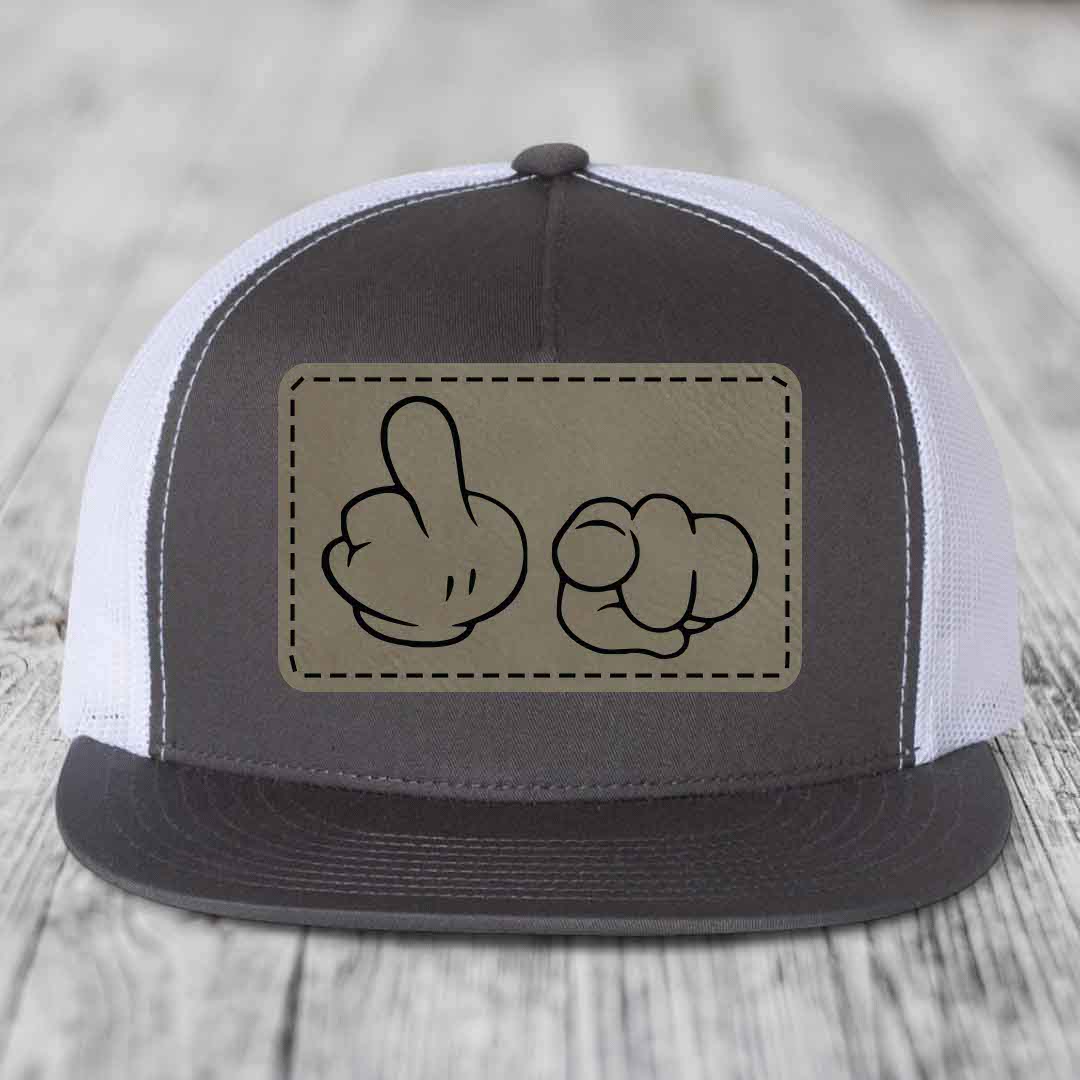 Cartoon Hands F*ck You - Leather Patch Hat - Light Brown to Black Patch - Yupoong 6006 Snapback Flatbill Hat