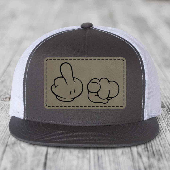 Cartoon Hands F*ck You - Leather Patch Hat - Light Brown to Black Patch - Yupoong 6006 Snapback Flatbill Hat