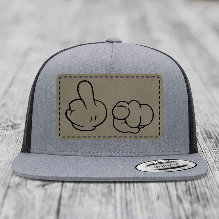 Cartoon Hands F*ck You - Leather Patch Hat - Light Brown to Black Patch - Yupoong 6006 Snapback Flatbill Hat