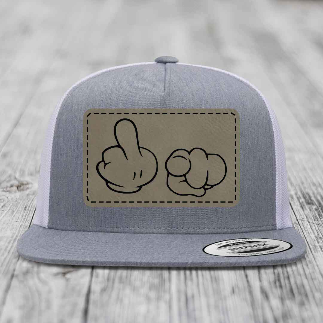 Cartoon Hands F*ck You - Leather Patch Hat - Light Brown to Black Patch - Yupoong 6006 Snapback Flatbill Hat