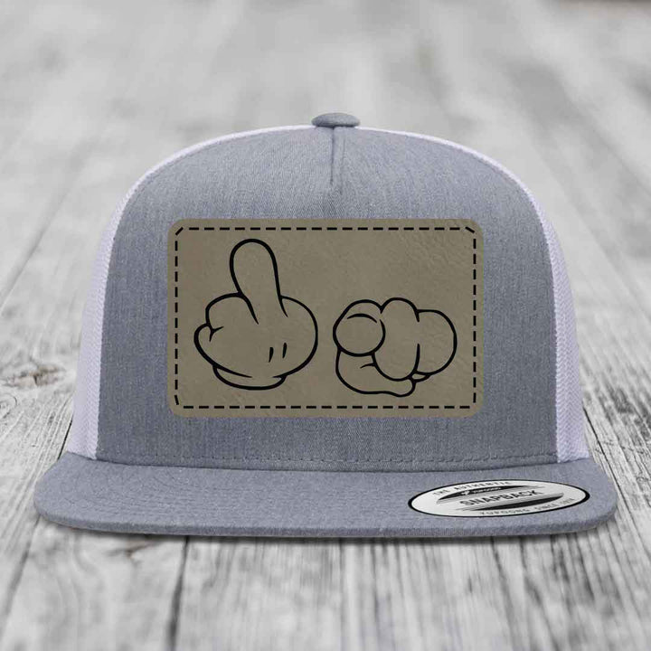 Cartoon Hands F*ck You - Leather Patch Hat - Light Brown to Black Patch - Yupoong 6006 Snapback Flatbill Hat
