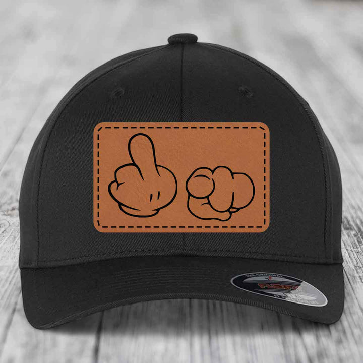 Cartoon Hands F*ck You - Leather Patch Hat - Rawhide to Black Patch - Flexfit 6277 Fitted Hat