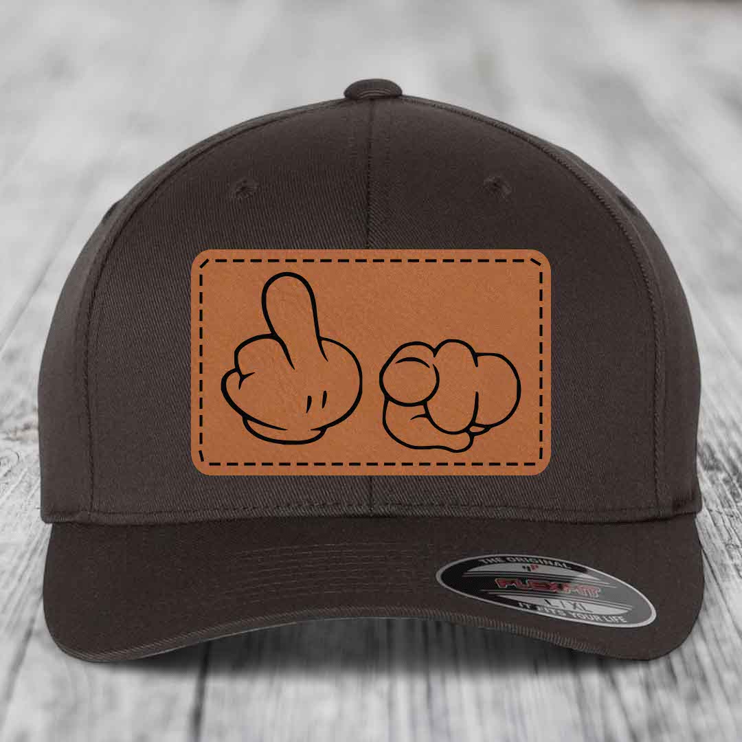 Cartoon Hands F*ck You - Leather Patch Hat - Rawhide to Black Patch - Flexfit 6277 Fitted Hat