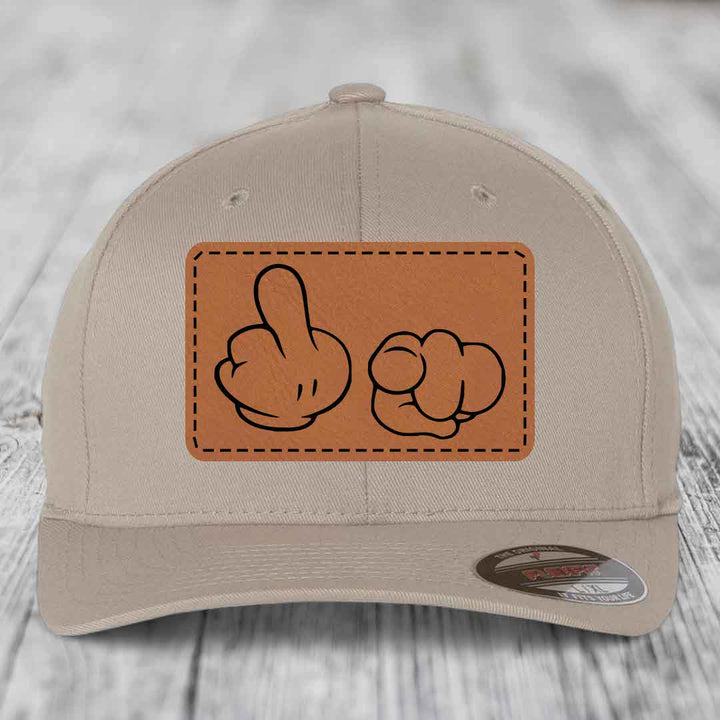 Cartoon Hands F*ck You - Leather Patch Hat - Rawhide to Black Patch - Flexfit 6277 Fitted Hat