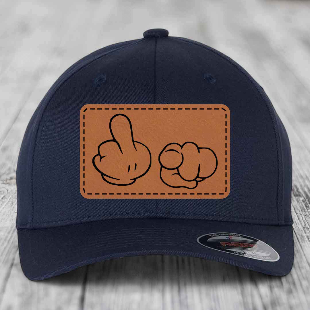 Cartoon Hands F*ck You - Leather Patch Hat - Rawhide to Black Patch - Flexfit 6277 Fitted Hat