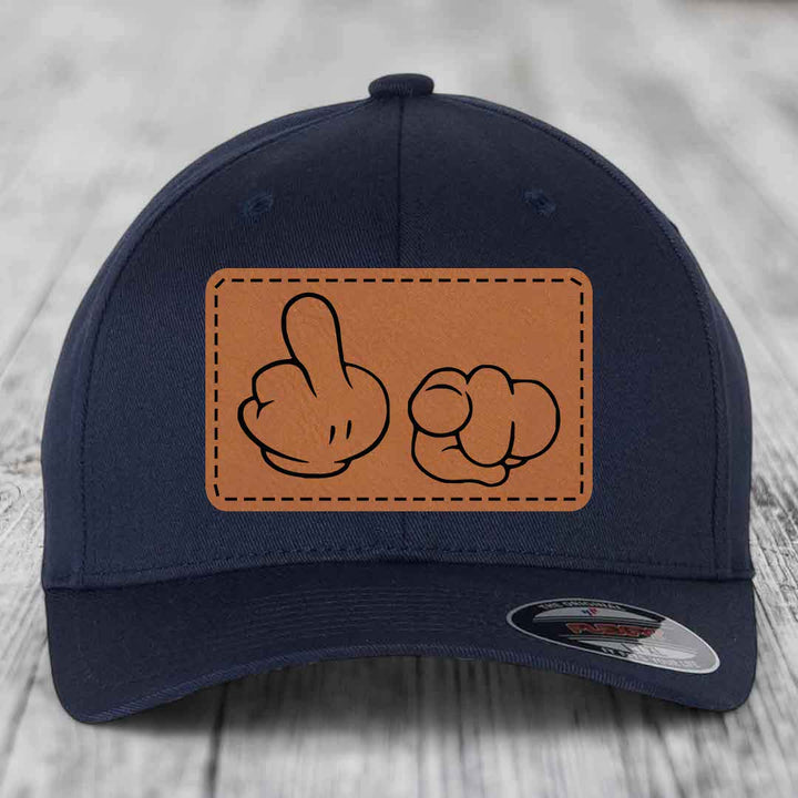 Cartoon Hands F*ck You - Leather Patch Hat - Rawhide to Black Patch - Flexfit 6277 Fitted Hat