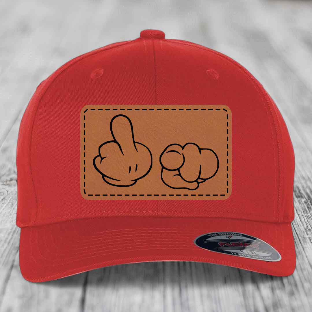 Cartoon Hands F*ck You - Leather Patch Hat - Rawhide to Black Patch - Flexfit 6277 Fitted Hat