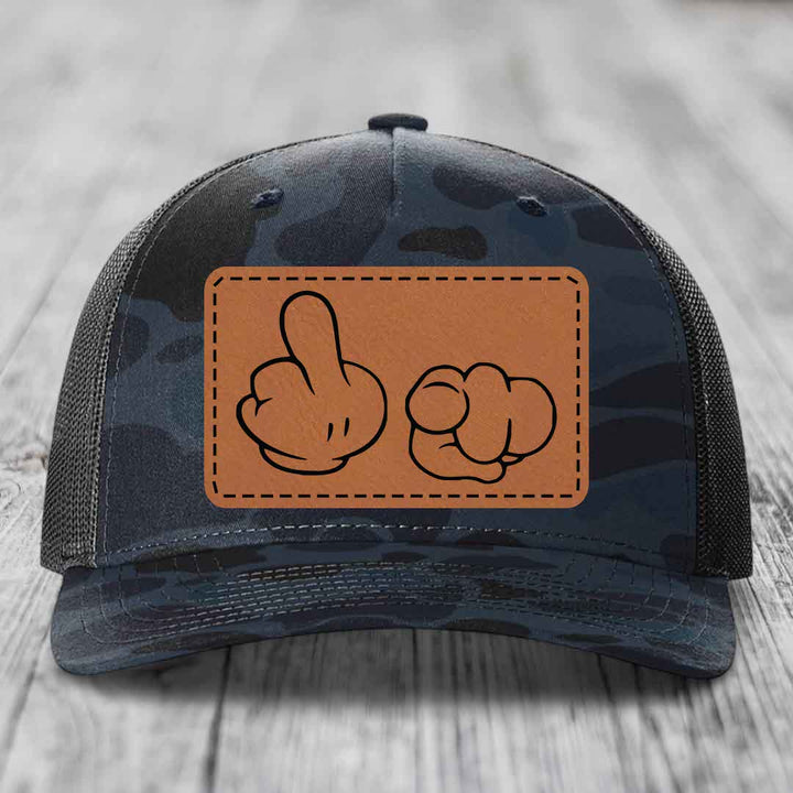 Cartoon Hands F*ck You - Leather Patch Hat - Rawhide to Black Patch - Richardson 112PFP Snapback Trucker Hat