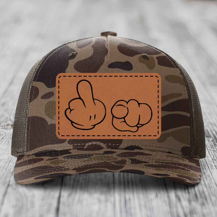 Cartoon Hands F*ck You - Leather Patch Hat - Rawhide to Black Patch - Richardson 112PFP Snapback Trucker Hat