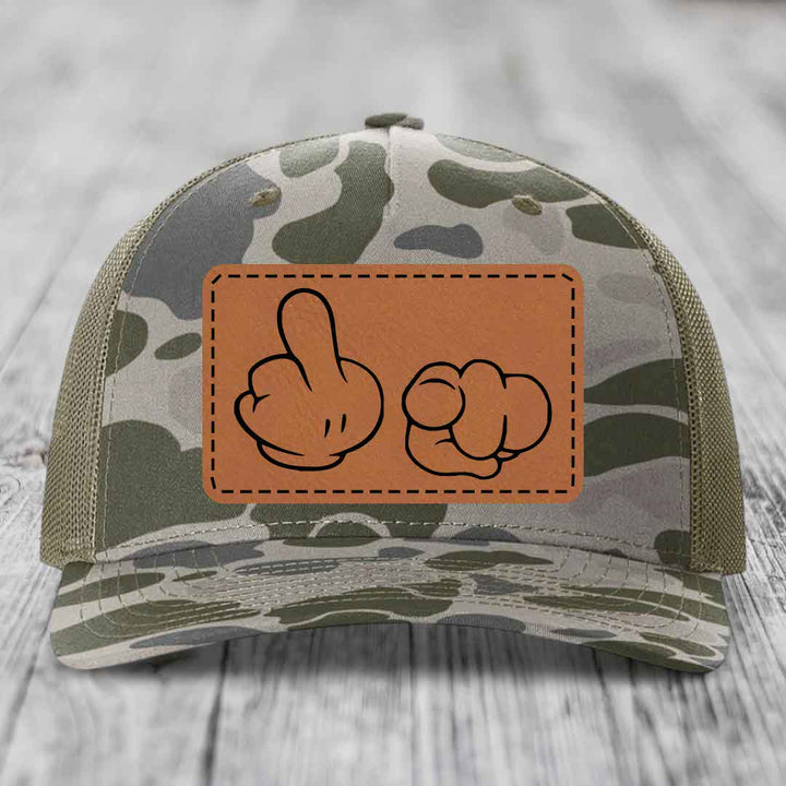 Cartoon Hands F*ck You - Leather Patch Hat - Rawhide to Black Patch - Richardson 112PFP Snapback Trucker Hat
