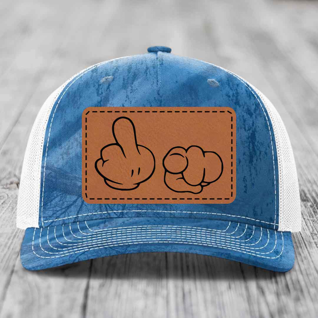 Cartoon Hands F*ck You - Leather Patch Hat - Rawhide to Black Patch - Richardson 112PFP Snapback Trucker Hat