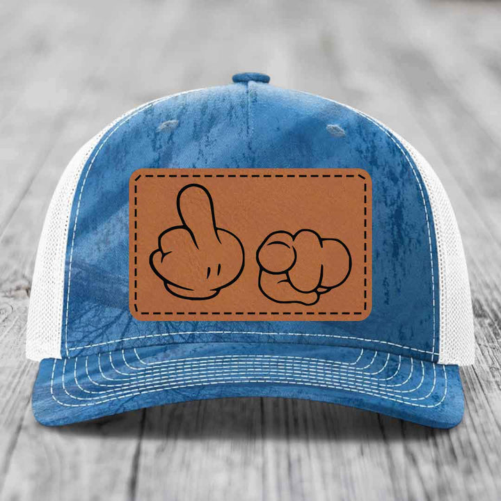 Cartoon Hands F*ck You - Leather Patch Hat - Rawhide to Black Patch - Richardson 112PFP Snapback Trucker Hat