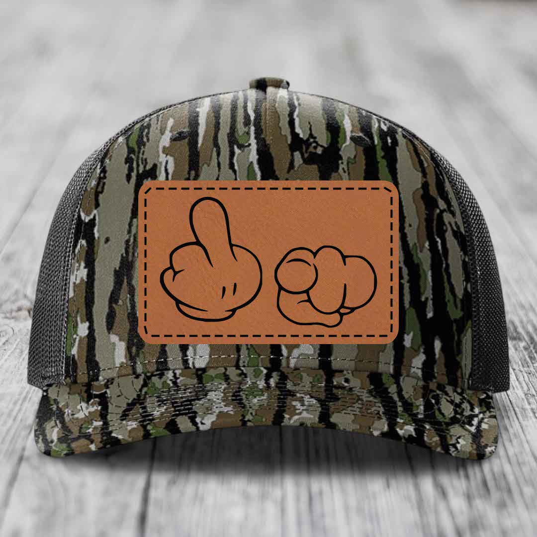 Cartoon Hands F*ck You - Leather Patch Hat - Rawhide to Black Patch - Richardson 112PFP Snapback Trucker Hat